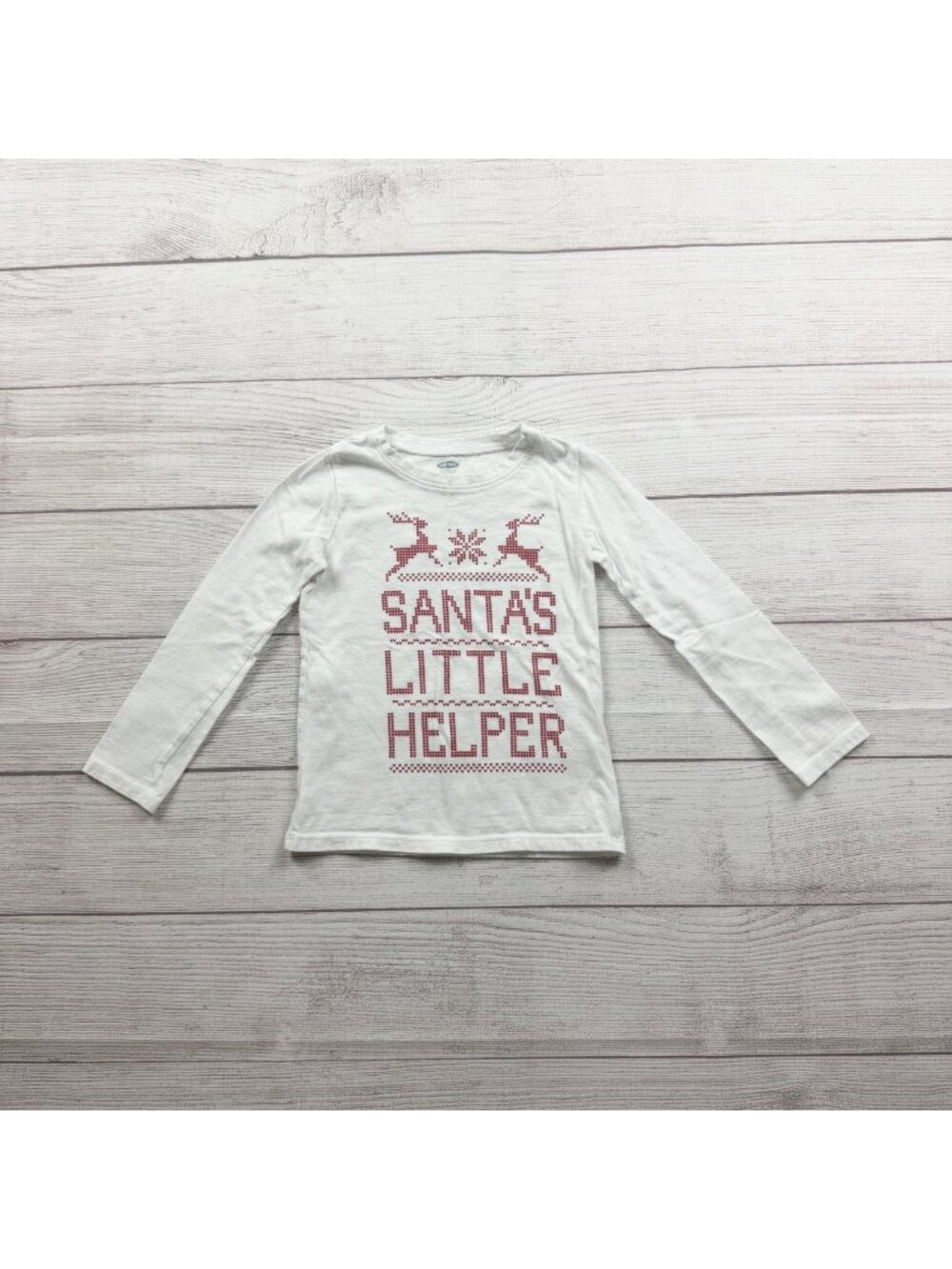 Old Navy Girls Santas Little Helper White Long Sleeve Shirt Lightweight Cotton 3